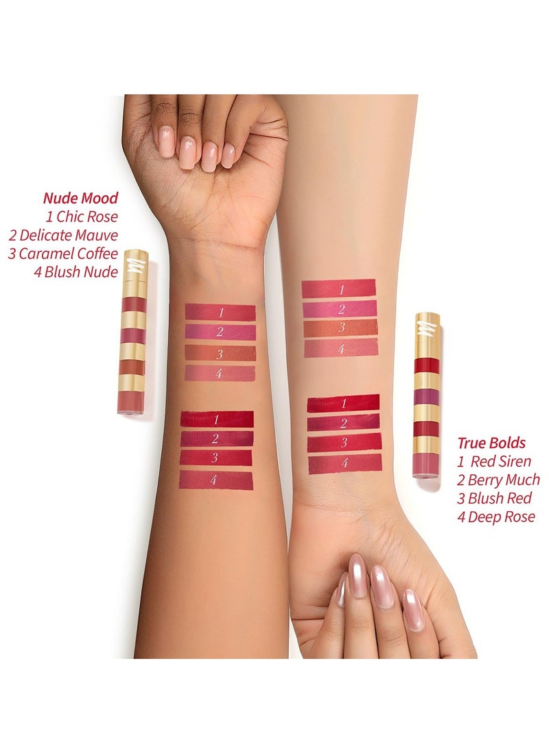 Super 4 Liquid Lipstick Stack , Nude Mood (Rose + Mauve + Brown + Pink) , Smudge Proof , 4.8 ml