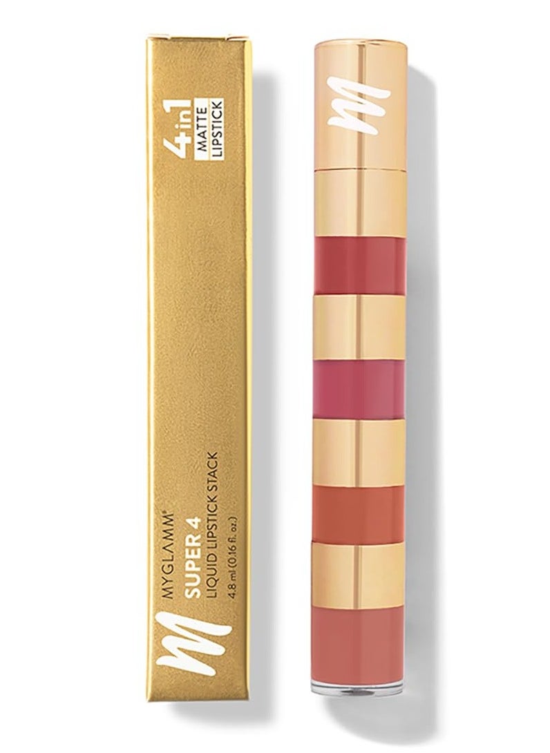 Super 4 Liquid Lipstick Stack , Nude Mood (Rose + Mauve + Brown + Pink) , Smudge Proof , 4.8 ml