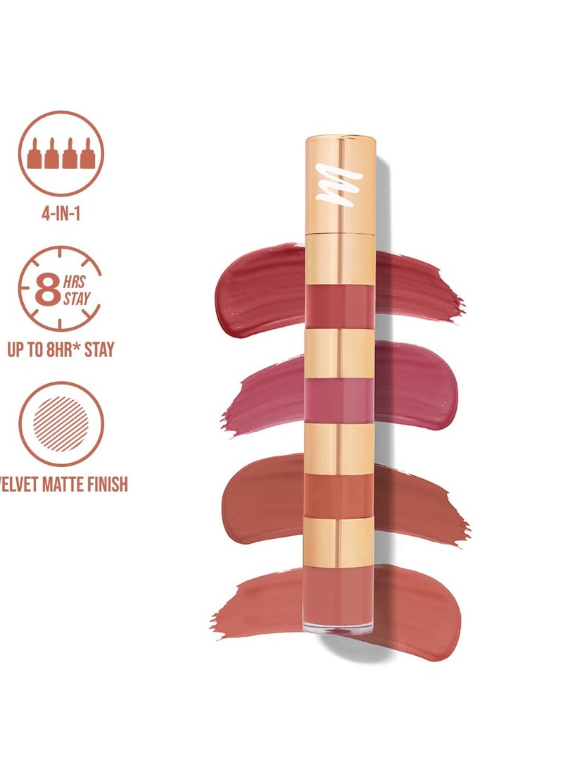 Super 4 Liquid Lipstick Stack , Nude Mood (Rose + Mauve + Brown + Pink) , Smudge Proof , 4.8 ml