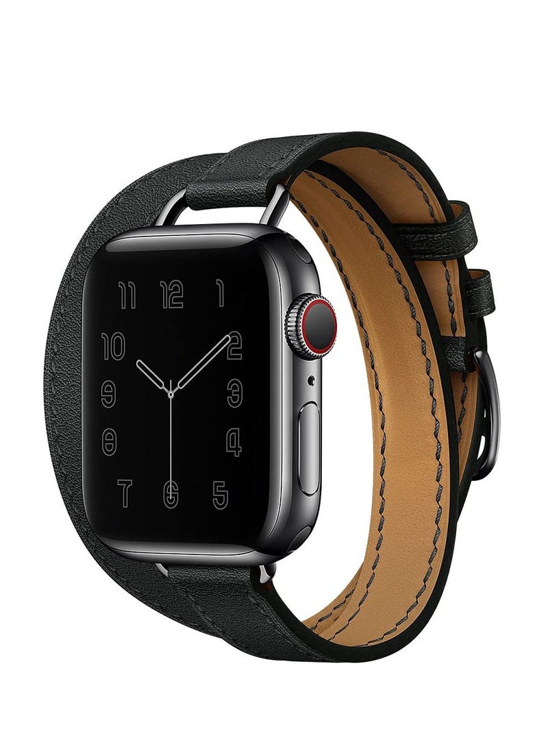 Leather Women Double Tour Slim Wristband, Compatible with Apple Watch Band 38/40/41mm 42/44/45mm for iWatch SE Series 7/6/5/4/3, Black