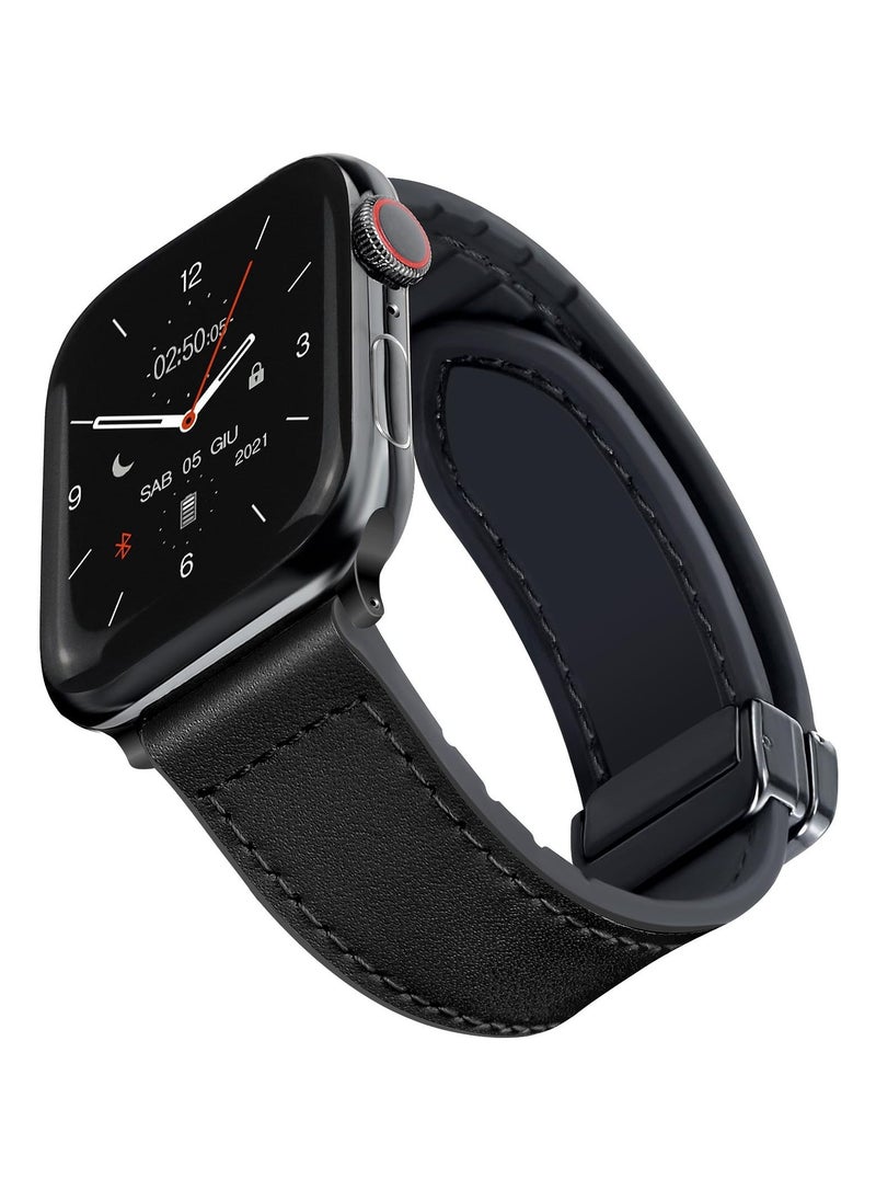 Magnetic Leather Watch Band for Apple Watch, Compatible with 49mm 45mm 44mm 42mm, Genuine Leather Strap with Magnetic Buckle, Fits for Apple Watch Ultra 9 8 7 Series, Black