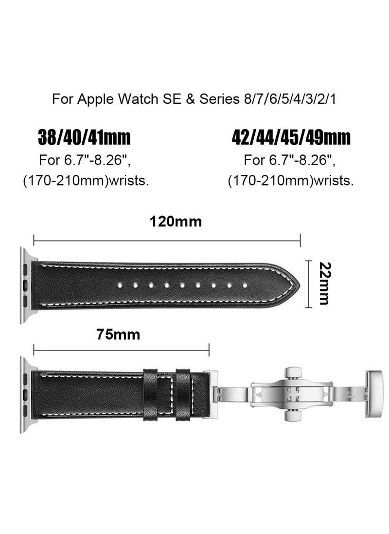 Leather Band for Apple Watch, Adjustable Butterfly Clasp, Vintage Leather Replacement Strap, Fits 42mm, 44mm, 45mm, 49mm, Compatible with Apple Watch Series 9/8/7/Ultra 2, Suitable for Women and Men