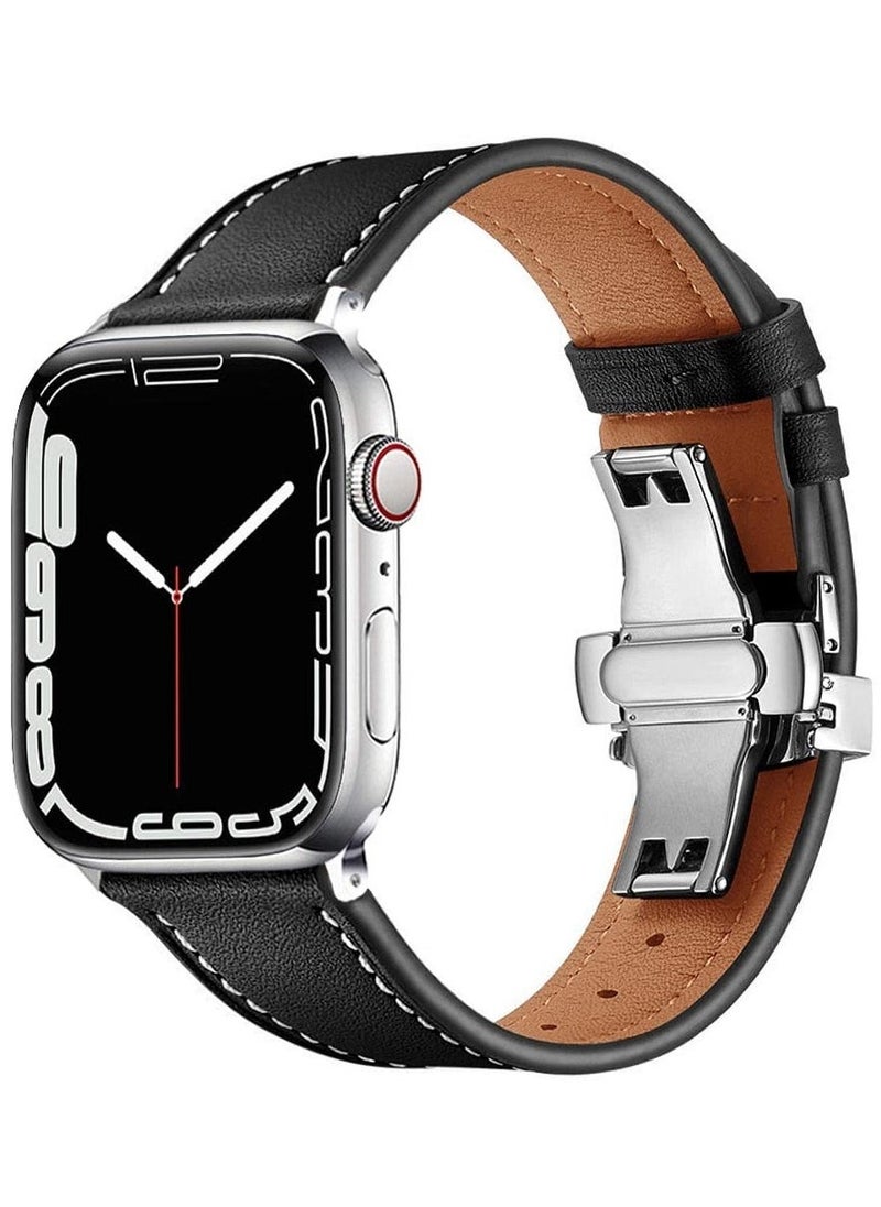 Leather Band for Apple Watch, Adjustable Butterfly Clasp, Vintage Leather Replacement Strap, Fits 42mm, 44mm, 45mm, 49mm, Compatible with Apple Watch Series 9/8/7/Ultra 2, Suitable for Women and Men