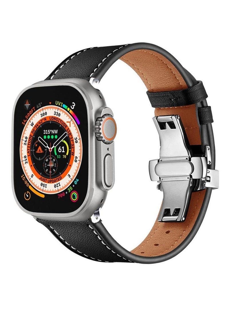 Leather Band for Apple Watch, Adjustable Butterfly Clasp, Vintage Leather Replacement Strap, Fits 42mm, 44mm, 45mm, 49mm, Compatible with Apple Watch Series 9/8/7/Ultra 2, Suitable for Women and Men