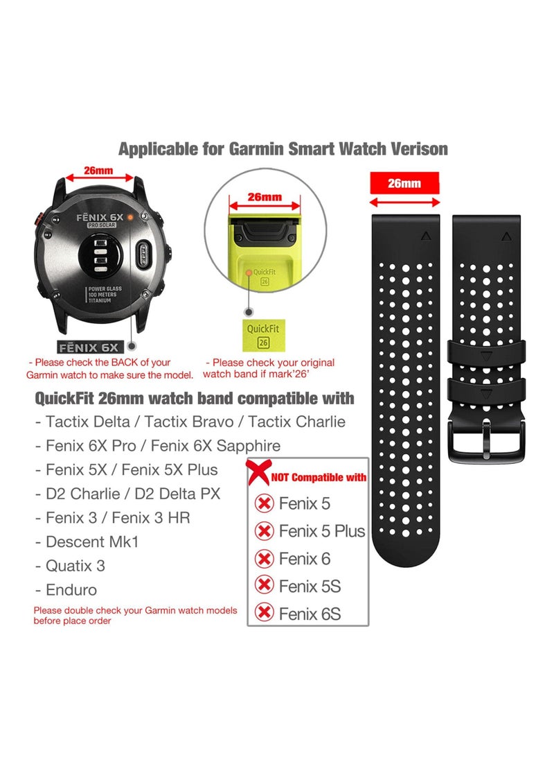 Silicone Watch Band Waterproof Wristband Strap for Fenix 5X Fenix 6X Fenix 7X 26mm Quick Release Fit Soft Sport Breathable for Garmin Fenix 5X Plus Fenix 3 3 HR Enduro Tactix Delta