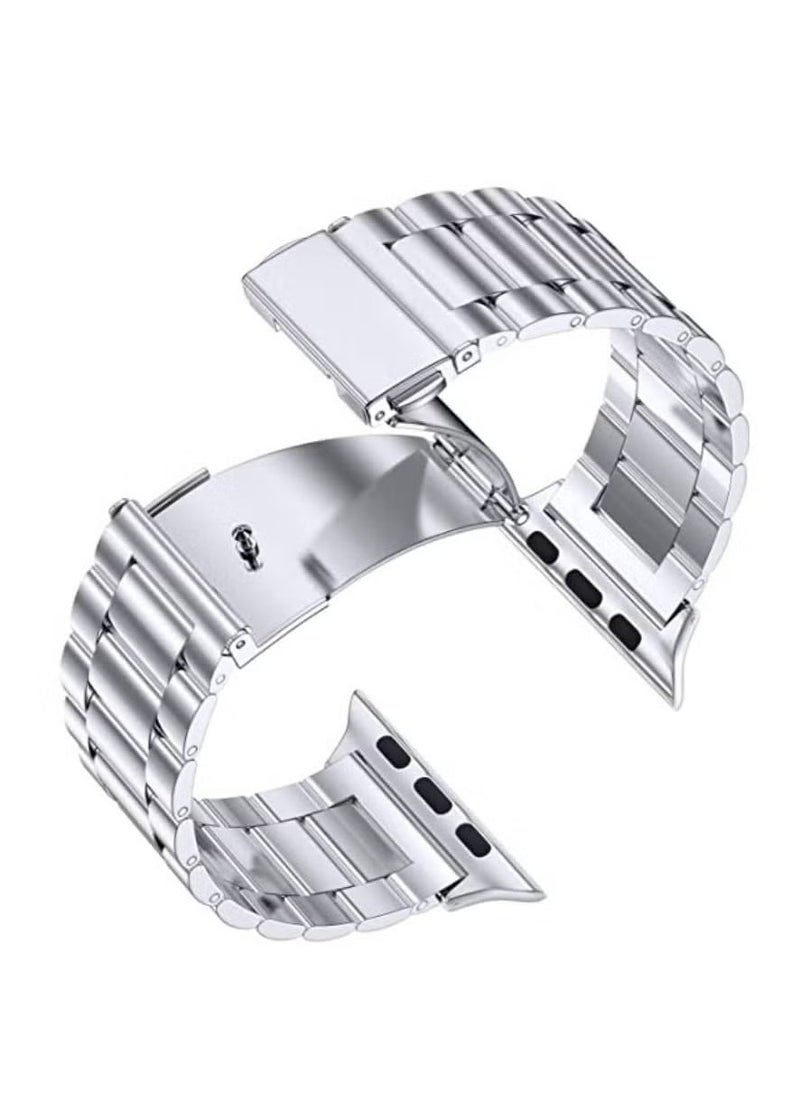 Replacement Stainless Steel Solid Metal Adjustable Strap With Folding Clasp For Apple Watch Ultra 49mm Silver