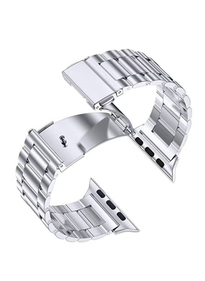 Replacement Stainless Steel Solid Metal Adjustable Strap With Folding Clasp For Apple Watch Ultra 49mm Silver