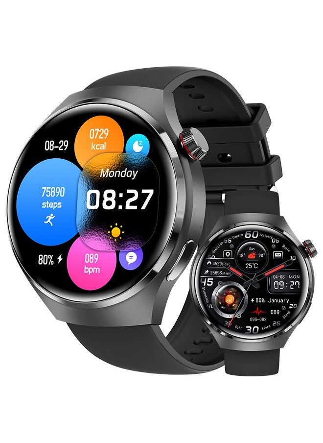 Men's Bluetooth Smartwatch Silver Metal Dial Black Silicone Strap Sports Waterproof Android Ios System Universal GT4 Pro