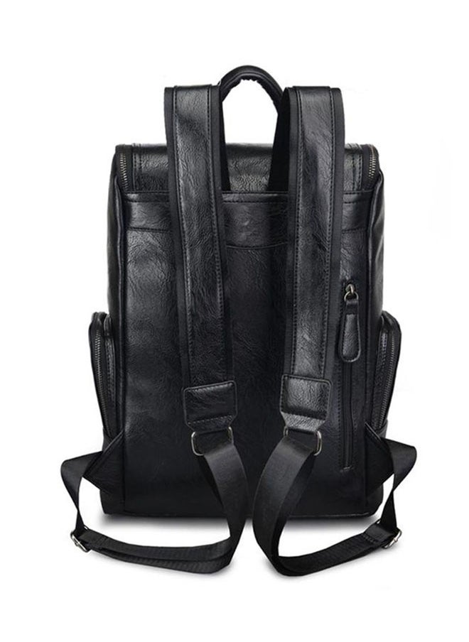 Zip Closure Leather Backpack Black