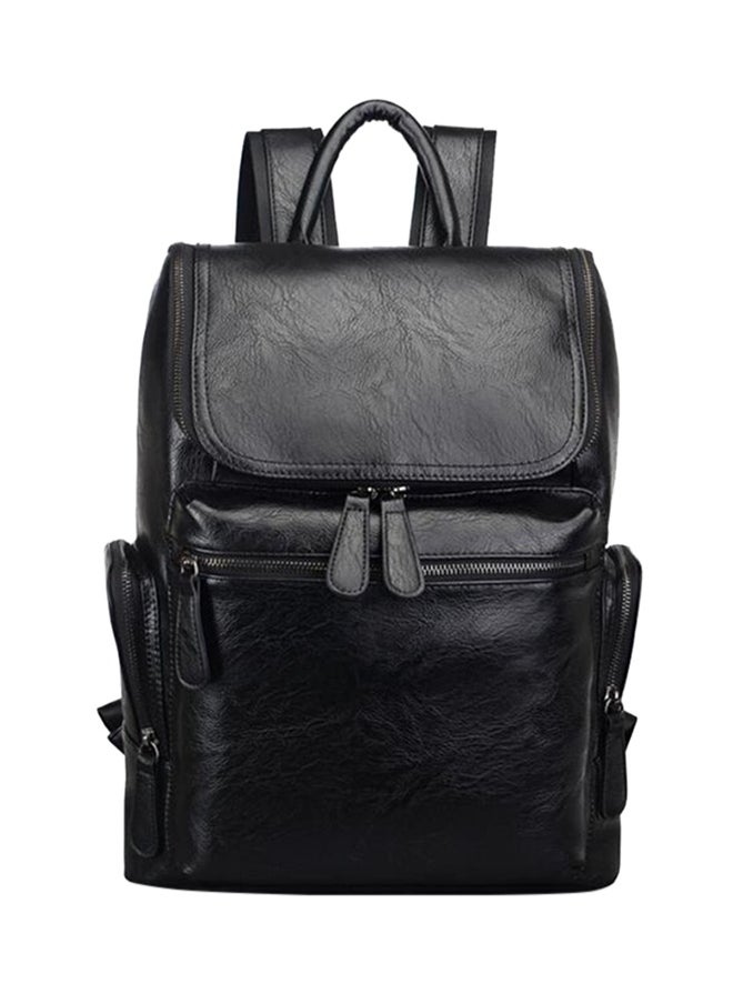 Zip Closure Leather Backpack Black