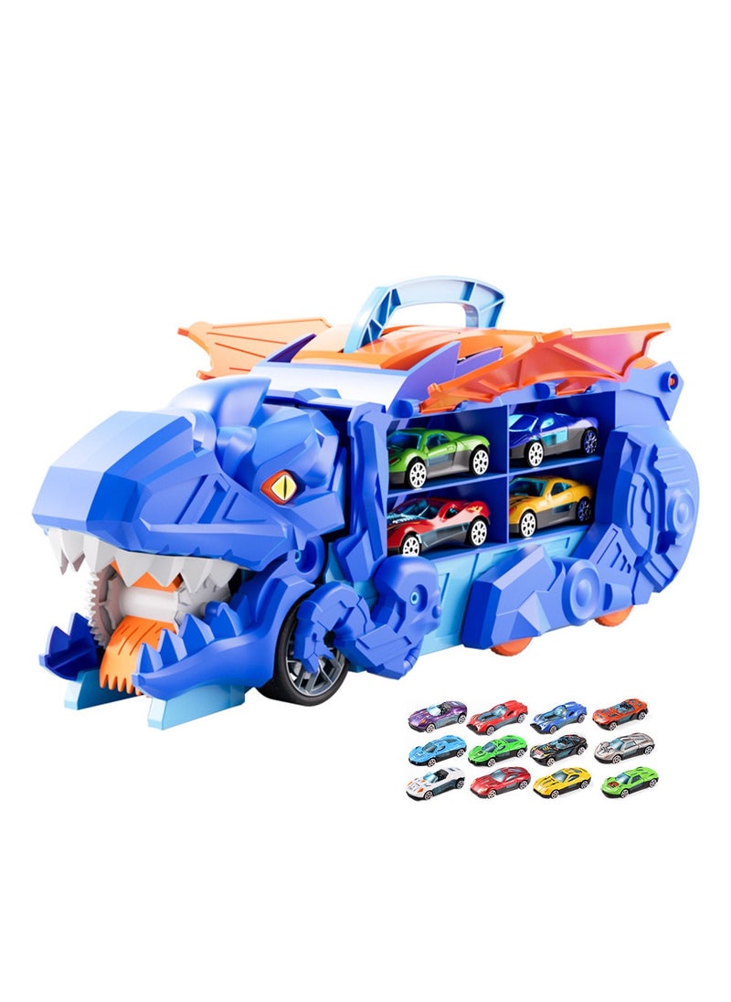 Transporter Truck Toy with 12 Racing Cars, Dinosaur Truck  Toy Cars Monster Truck Carrier Set for Kids, Blue