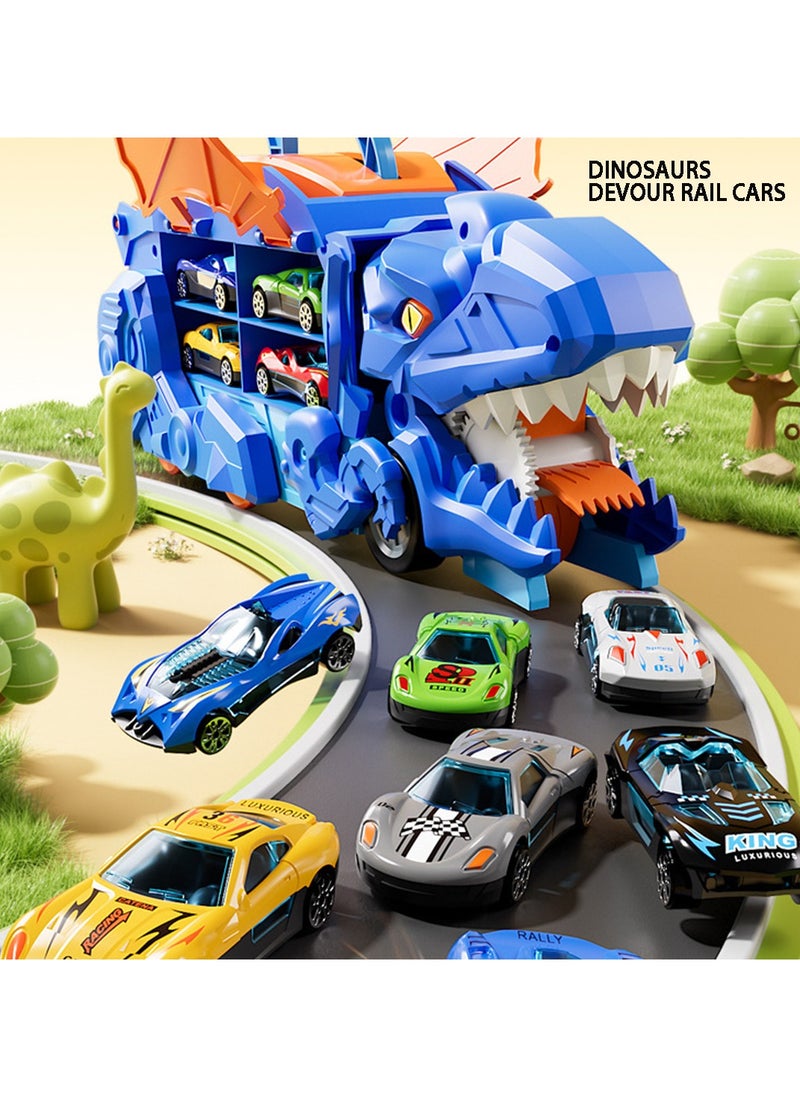 Transporter Truck Toy with 12 Racing Cars, Dinosaur Truck  Toy Cars Monster Truck Carrier Set for Kids, Blue