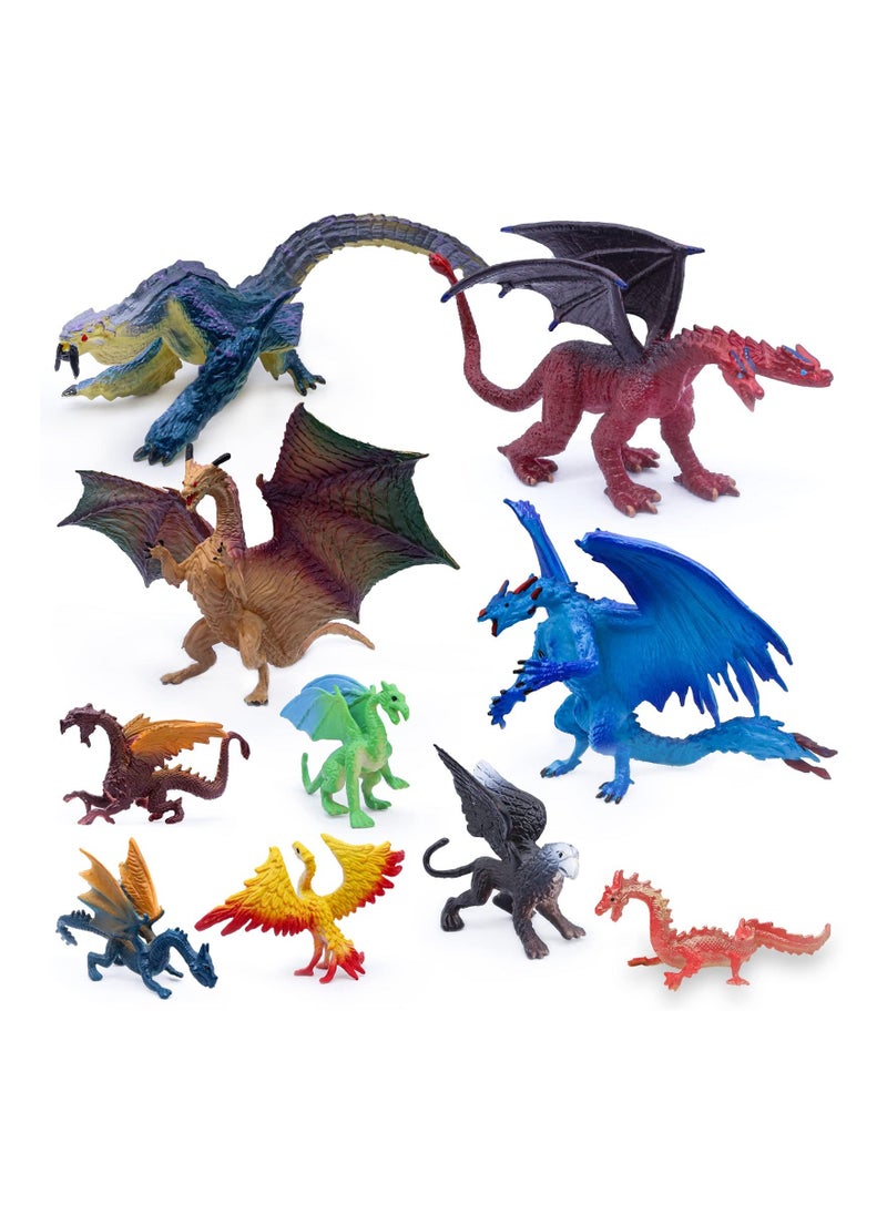 10 Pack Dragon Figures Solid Plastic Mini Toys in Assorted Colors and Styles Kids Mythical for Cake Toppers Party Favors