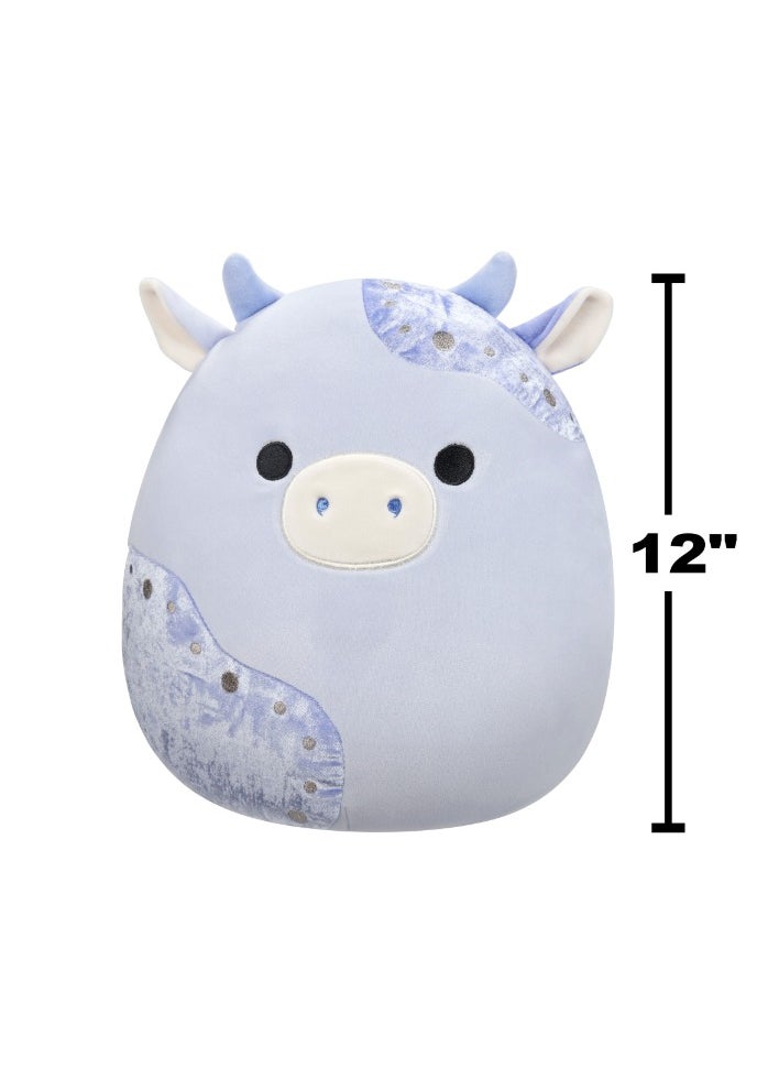 12 inch Medium Plush Light Blue Velvet Cow with Blue Patches Officially Licensed Kellytoy Plush Toy Colorful Soft Gift for Kids Girls & Boys Washable Squishy Stuff Toy Multicolor All Age