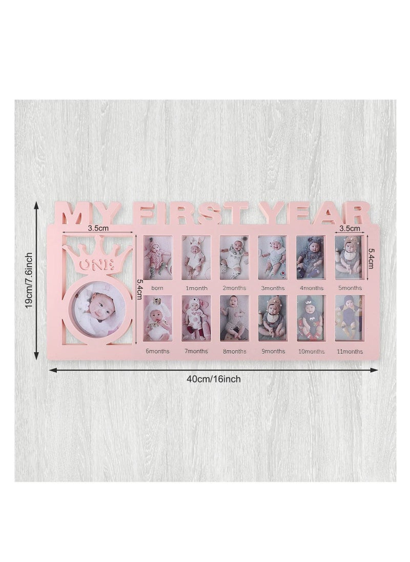 Newborn Baby Picture Frame, Baby Photo Frame, My First Year Newborn Keepsake Frame 12 Months, Baby Shower Photo Frame, Monthly Milestone Desktop Picture Frame for Memories Baby 1st Birthday (Pink)