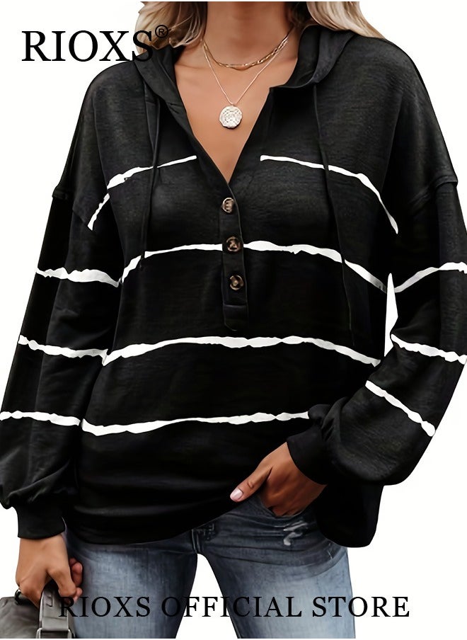 Women's Casual Striped Shirts V Neck Hoodies Blouses Button Front Sweatshirts Long Sleeve Hooded Top For Women Girls Ladies Work Or Daily Wear