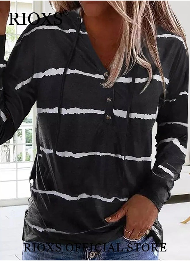 Women's Casual Striped Shirts V Neck Hoodies Blouses Button Front Sweatshirts Long Sleeve Hooded Top For Women Girls Ladies Work Or Daily Wear
