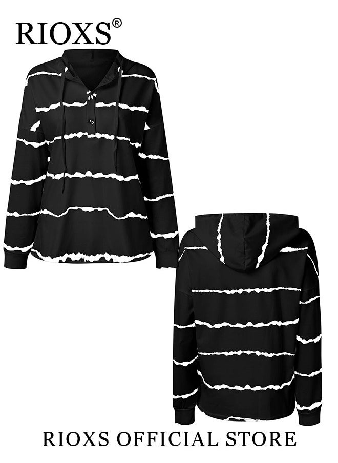 Women's Casual Striped Shirts V Neck Hoodies Blouses Button Front Sweatshirts Long Sleeve Hooded Top For Women Girls Ladies Work Or Daily Wear