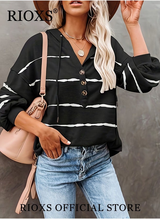 Women's Casual Striped Shirts V Neck Hoodies Blouses Button Front Sweatshirts Long Sleeve Hooded Top For Women Girls Ladies Work Or Daily Wear
