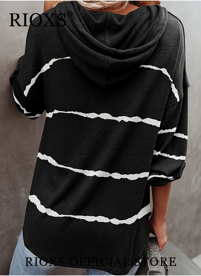 Women's Casual Striped Shirts V Neck Hoodies Blouses Button Front Sweatshirts Long Sleeve Hooded Top For Women Girls Ladies Work Or Daily Wear