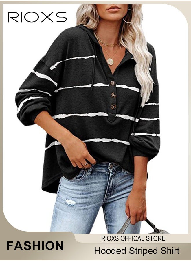 Women's Casual Striped Shirts V Neck Hoodies Blouses Button Front Sweatshirts Long Sleeve Hooded Top For Women Girls Ladies Work Or Daily Wear