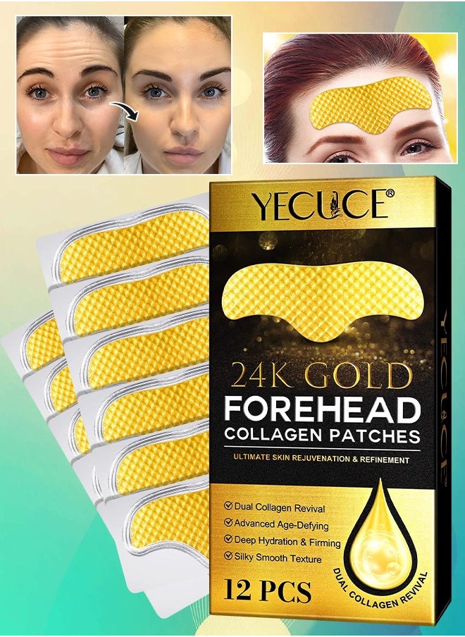 12Pcs 24K Gold Forehead Collagen Patches Forehead Wrinkle Patches with Aloe Vera Collagen Shea Butter and Vitamin E Smooth Fine Line and Wrinkles Anti Wrinkle Forehead Wrinkle Treatment Patch