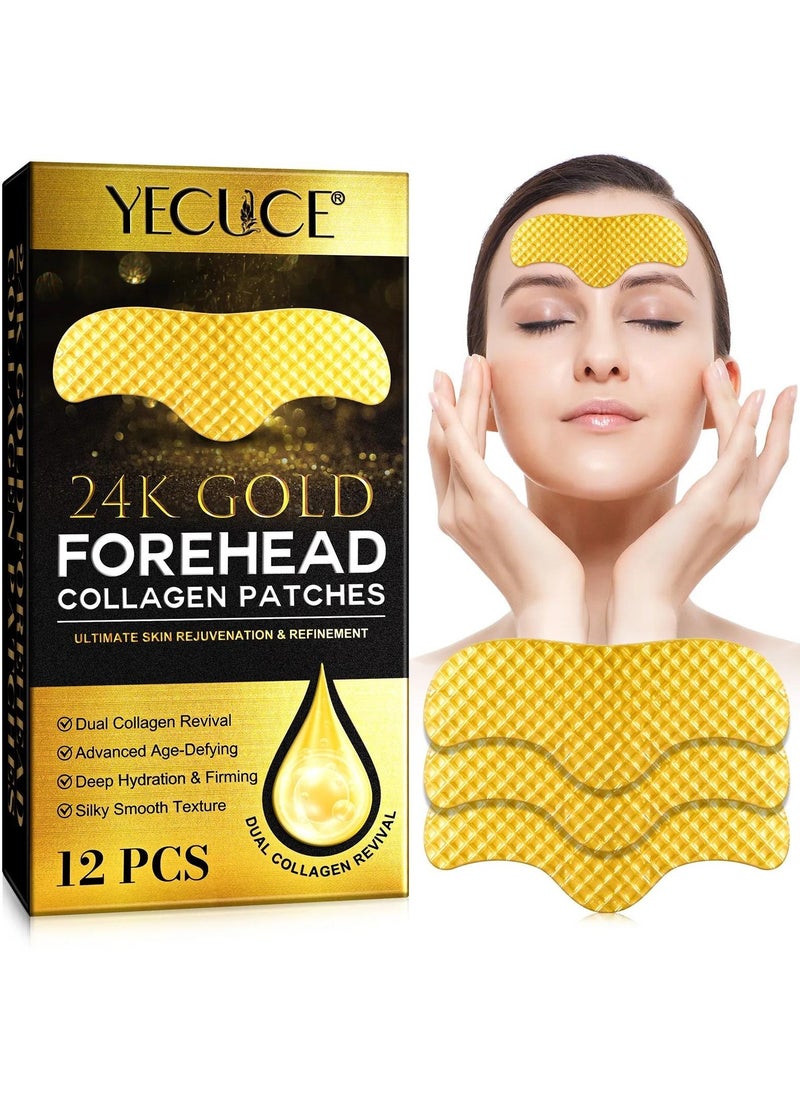 12Pcs 24K Gold Forehead Collagen Patches Forehead Wrinkle Patches with Aloe Vera Collagen Shea Butter and Vitamin E Smooth Fine Line and Wrinkles Anti Wrinkle Forehead Wrinkle Treatment Patch