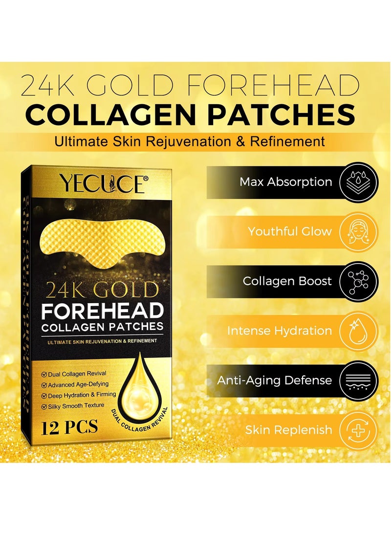 12Pcs 24K Gold Forehead Collagen Patches Forehead Wrinkle Patches with Aloe Vera Collagen Shea Butter and Vitamin E Smooth Fine Line and Wrinkles Anti Wrinkle Forehead Wrinkle Treatment Patch