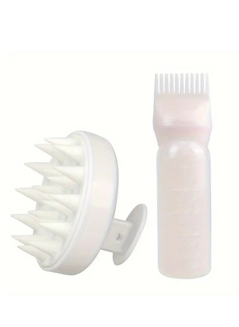 2pcs/Set Scalp Massage Brush Root Comb Hair Color Applicator Bottle Hair Oil Bottle For All Hair Types White Color