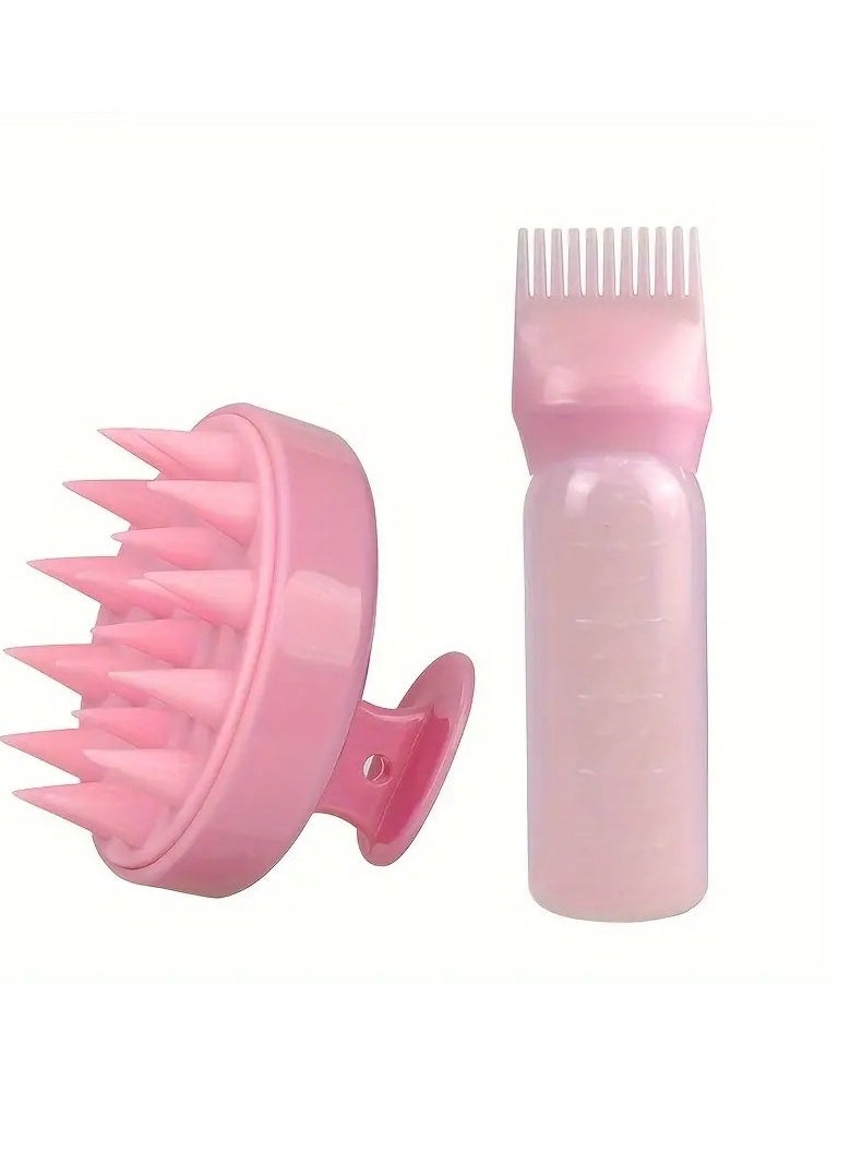 2pcs/Set Scalp Massage Brush Root Comb Hair Color Applicator Bottle Hair Oil Bottle For All Hair Types Pink Color