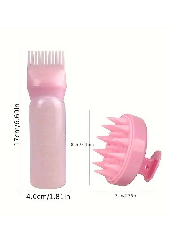 2pcs/Set Scalp Massage Brush Root Comb Hair Color Applicator Bottle Hair Oil Bottle For All Hair Types Pink Color