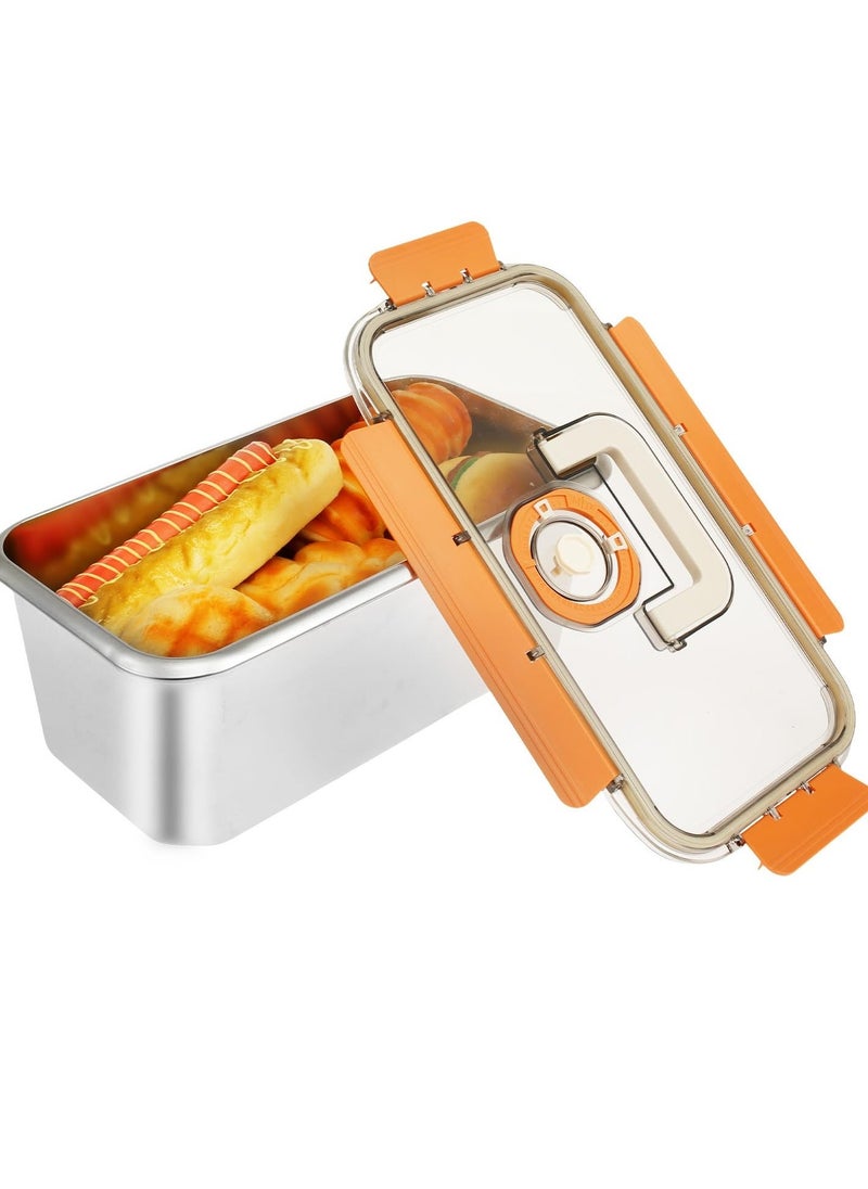 Stainless Steel Bread Box with Lid, Time Recording Bread Keeper, 6000ml Rectangular Bread Saver, Reusable Meal Prep Containers for Home, Travel, Work, Party, Leftovers(Orange Buckle)