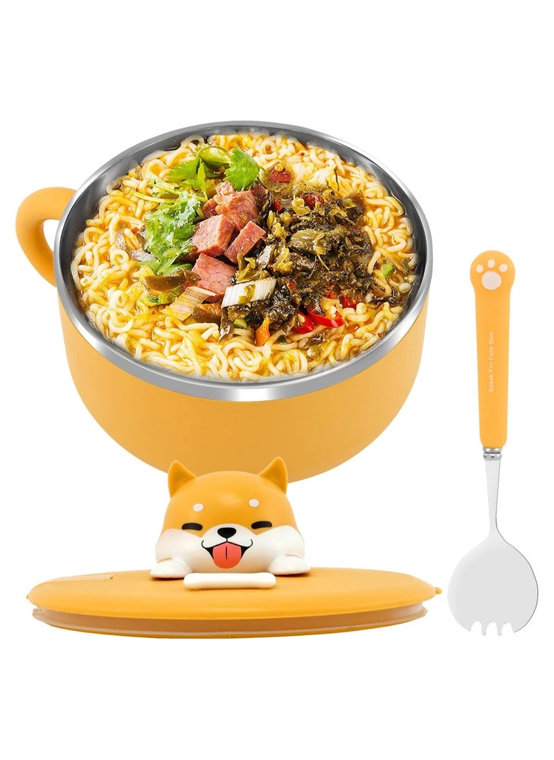 Stainless Steel Noodle Bowl Set, Cartoon Cat Instant Ramen Noodle Bowl with Lid, Japanese Ramen Bowls, Heat Resistant Instant Serving Bowl Portable Salad Pasta Bowl for Office College Dorm - 1200ML