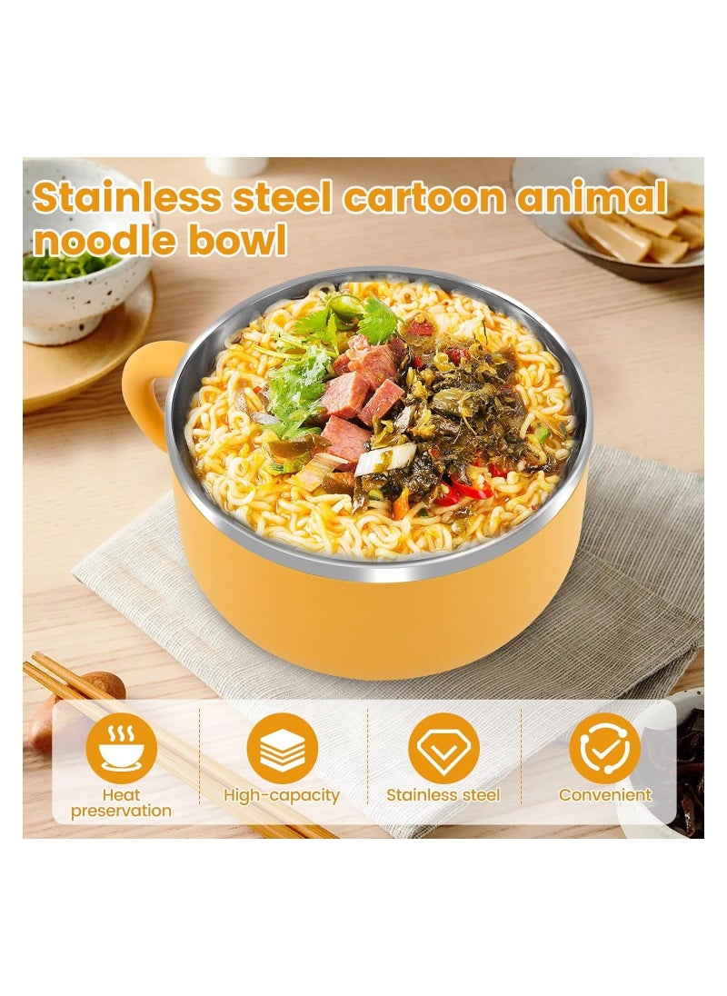 Stainless Steel Noodle Bowl Set, Cartoon Cat Instant Ramen Noodle Bowl with Lid, Japanese Ramen Bowls, Heat Resistant Instant Serving Bowl Portable Salad Pasta Bowl for Office College Dorm - 1200ML