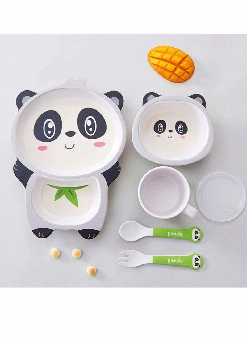 5Pcs/Set Kids Dinnerware Set,Children Dishes,Food Plate Bowl Cup Spoon Fork Set Natural Bamboo Fiber Dishware,BPA Free Dishwasher Safe (Panda)