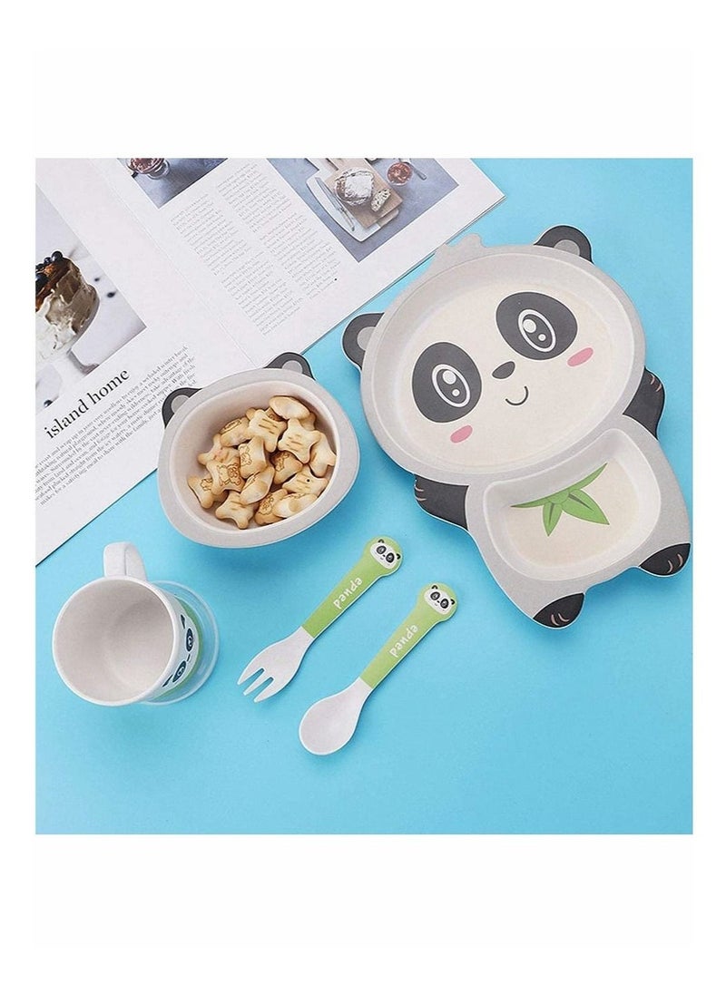 5Pcs/Set Kids Dinnerware Set,Children Dishes,Food Plate Bowl Cup Spoon Fork Set Natural Bamboo Fiber Dishware,BPA Free Dishwasher Safe (Panda)