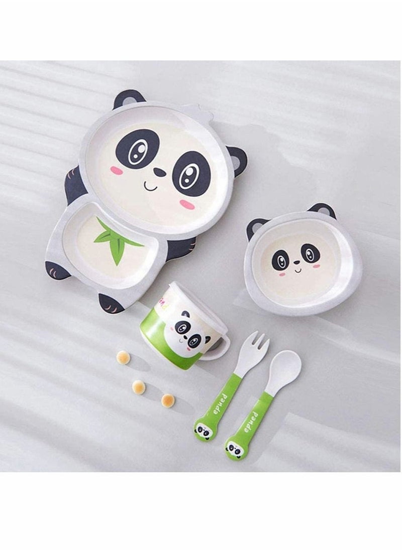 5Pcs/Set Kids Dinnerware Set,Children Dishes,Food Plate Bowl Cup Spoon Fork Set Natural Bamboo Fiber Dishware,BPA Free Dishwasher Safe (Panda)