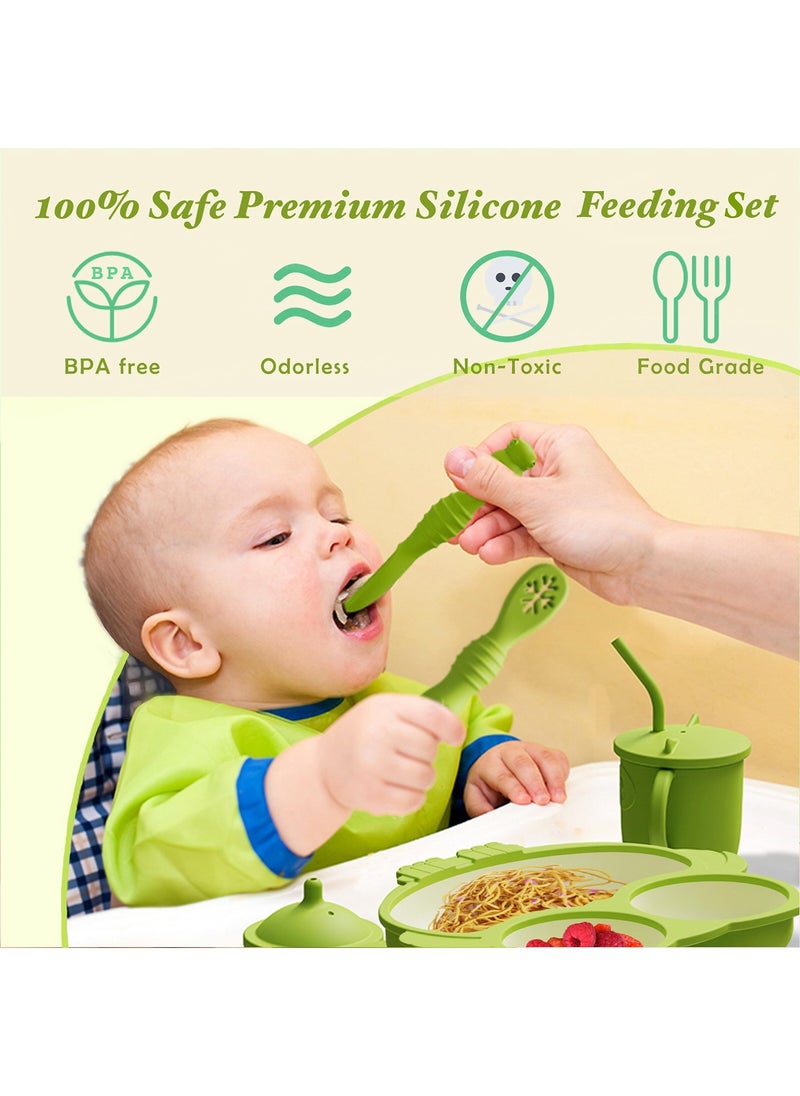 Silicone Baby Feeding Set, First Stage Baby Eating Set, Toddler Self Feeding Dish with Suction Bowl, Plate, Sippy Cup Spoons Forks and Adjustable Bib, Baby Led Weaning Supplies for 6+Months (Green)