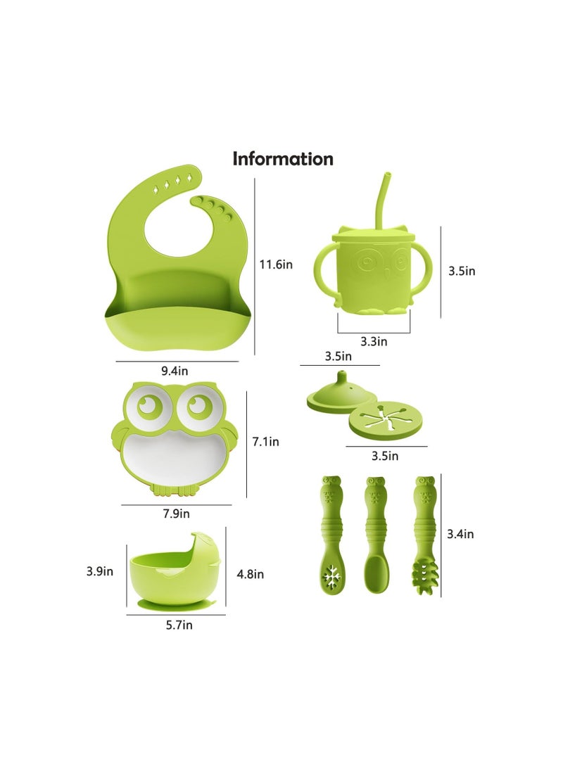 Silicone Baby Feeding Set, First Stage Baby Eating Set, Toddler Self Feeding Dish with Suction Bowl, Plate, Sippy Cup Spoons Forks and Adjustable Bib, Baby Led Weaning Supplies for 6+Months (Green)