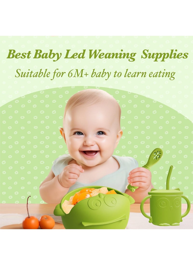 Silicone Baby Feeding Set, First Stage Baby Eating Set, Toddler Self Feeding Dish with Suction Bowl, Plate, Sippy Cup Spoons Forks and Adjustable Bib, Baby Led Weaning Supplies for 6+Months (Green)