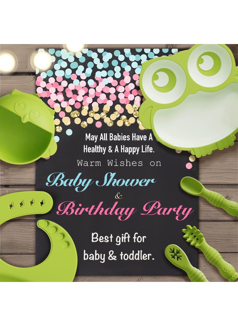 Silicone Baby Feeding Set, First Stage Baby Eating Set, Toddler Self Feeding Dish with Suction Bowl, Plate, Sippy Cup Spoons Forks and Adjustable Bib, Baby Led Weaning Supplies for 6+Months (Green)