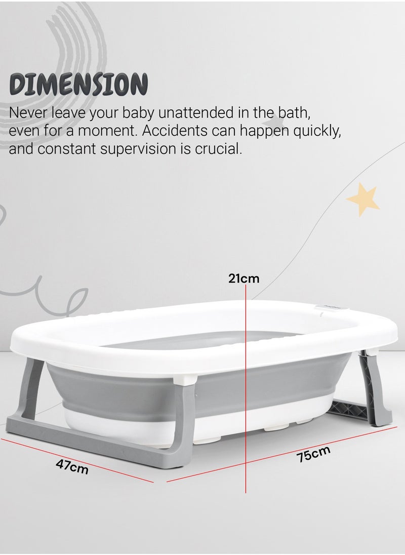 Foldable Baby Bath Tub With Anti-Skid Base, Temperature Sensing Water Plug And Wall Mountable Bathtub For Baby 0-3 Years Boy Girl Grey