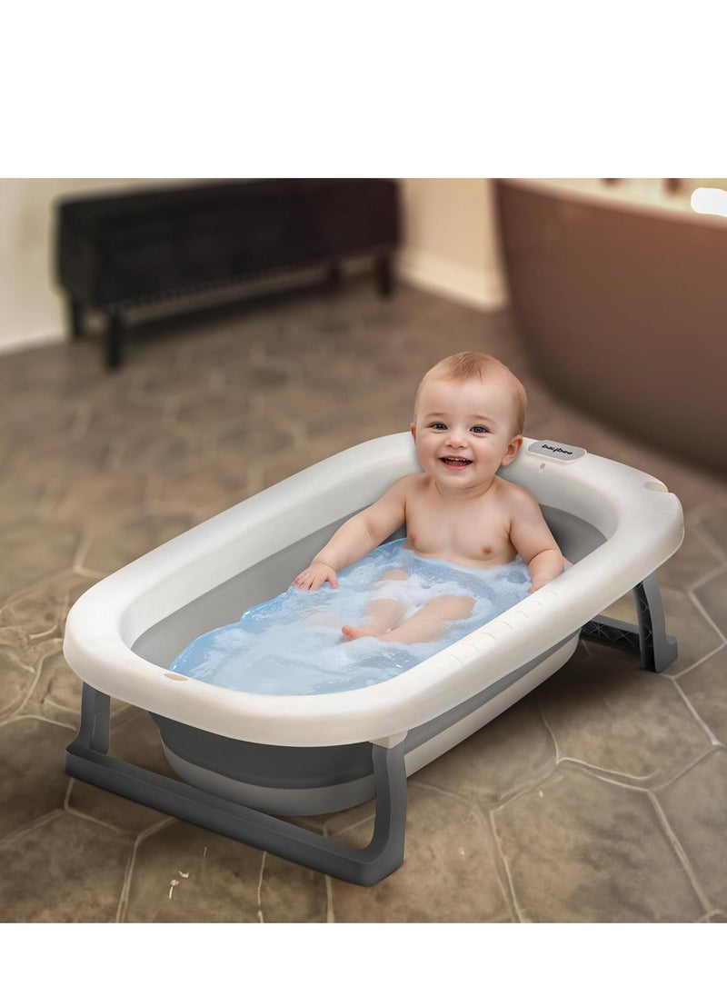 Foldable Baby Bath Tub With Anti-Skid Base, Temperature Sensing Water Plug And Wall Mountable Bathtub For Baby 0-3 Years Boy Girl Grey