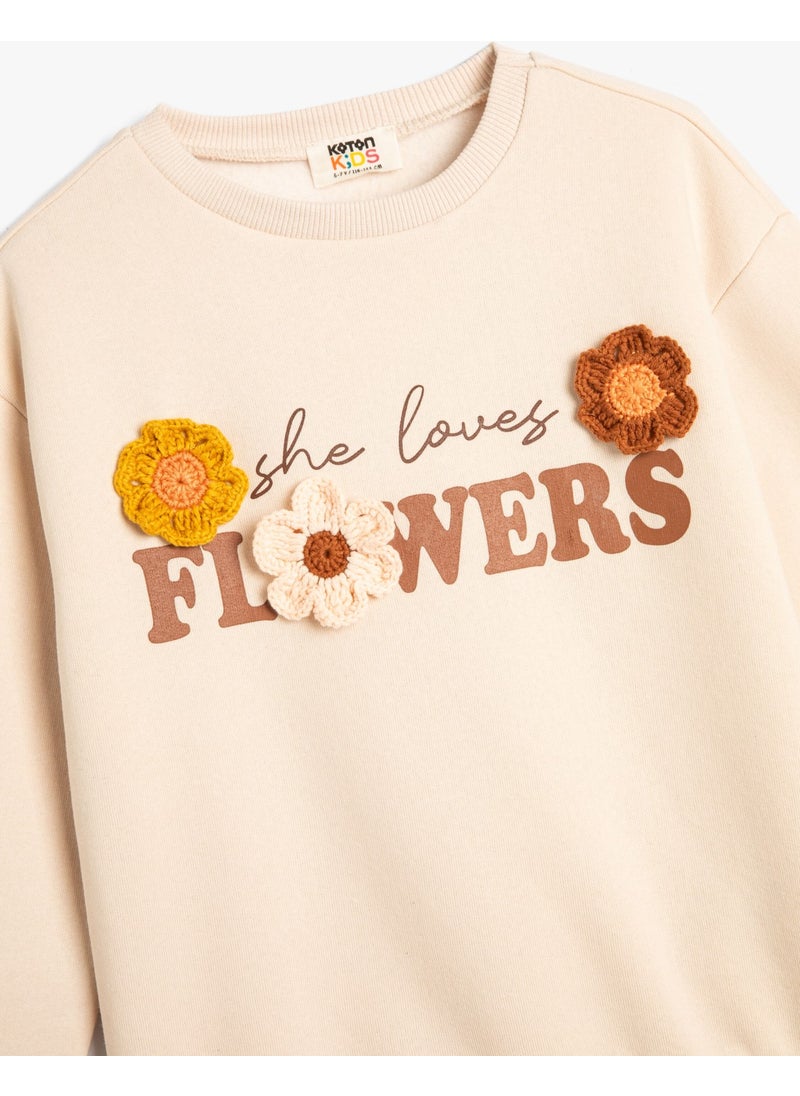 Sweat Floral Applique Detailed Long Sleeve Crew Neck With Ribbon