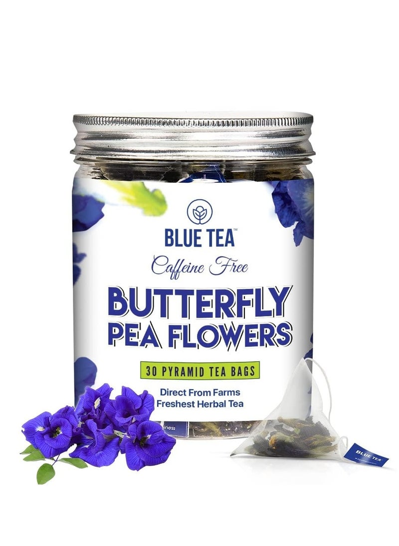 BLUE TEA - Butterfly Pea Flower - 30 Tea Bags | SUPER ANTI-OXIDANT | Aparajita - Shankhpushpi | Natural Ingredients - Flower Based - Herbal Tea - Caffeine Free - Farm Fresh - Vegan | Detox Tea | Pet Jar Packaging