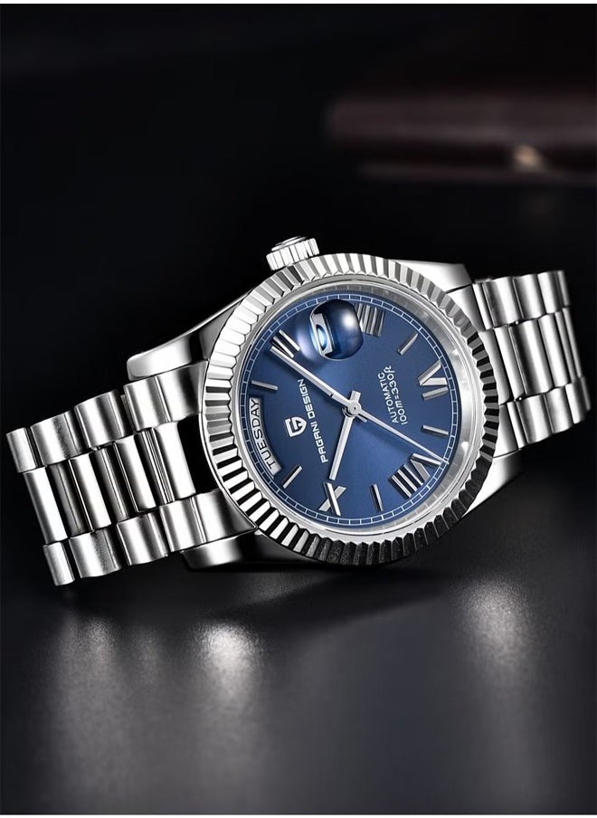 Men's Mechanical Automatic Watches 36MM Metal Frame Dark Blue Dial Stainless Steel Strap Fashion Business PD1752