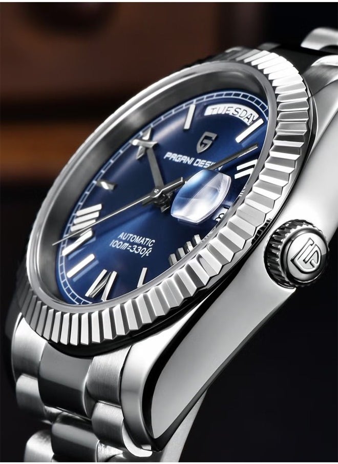 Men's Mechanical Automatic Watches 36MM Metal Frame Dark Blue Dial Stainless Steel Strap Fashion Business PD1752