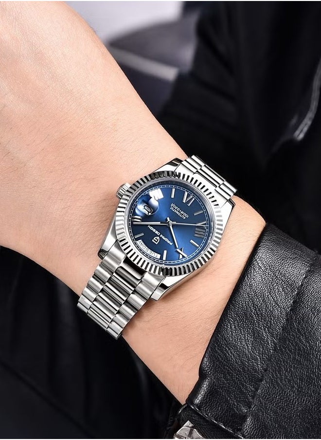 Men's Mechanical Automatic Watches 36MM Metal Frame Dark Blue Dial Stainless Steel Strap Fashion Business PD1752