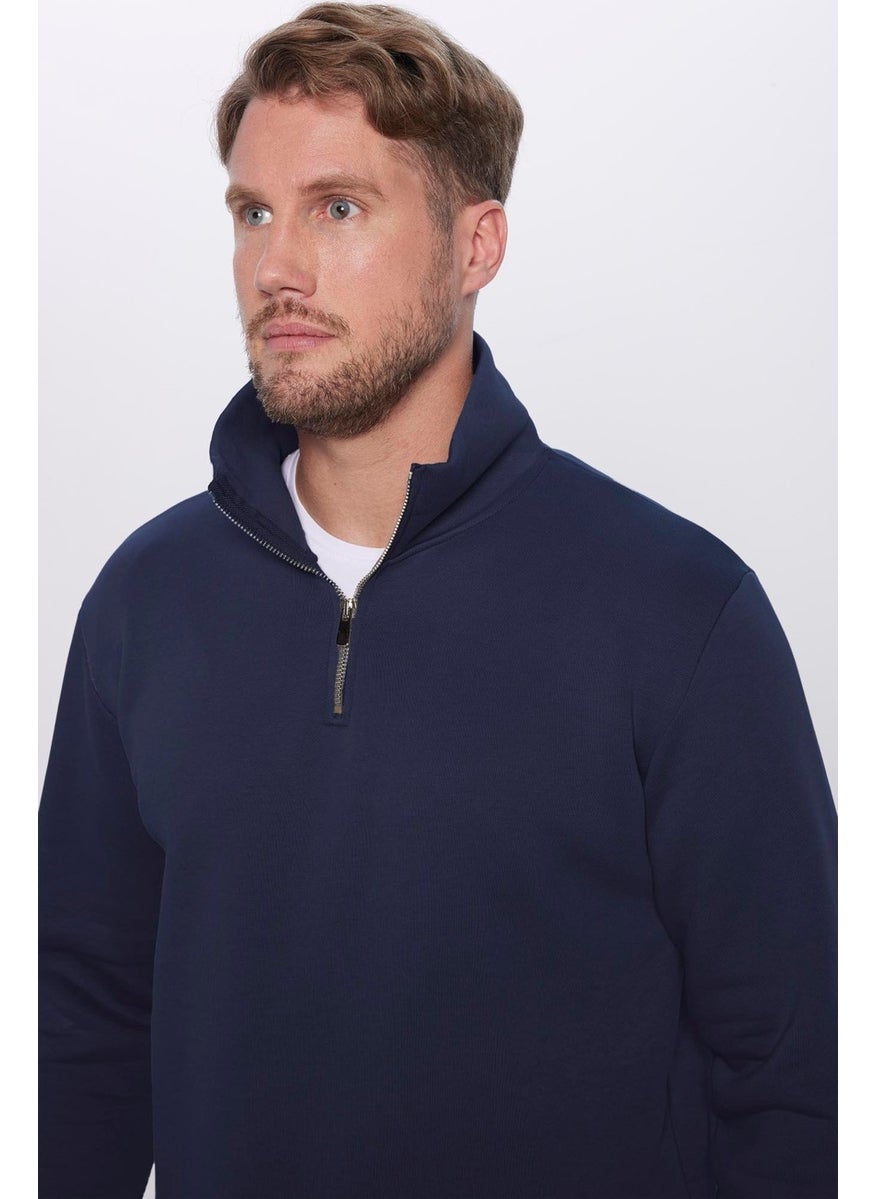 Relax Fit Comfortable Cut Cotton Fleece Inside Half Zipper Navy Blue Stand Collar Sweatshirt