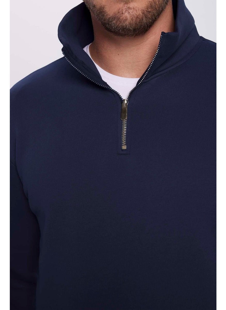 Relax Fit Comfortable Cut Cotton Fleece Inside Half Zipper Navy Blue Stand Collar Sweatshirt